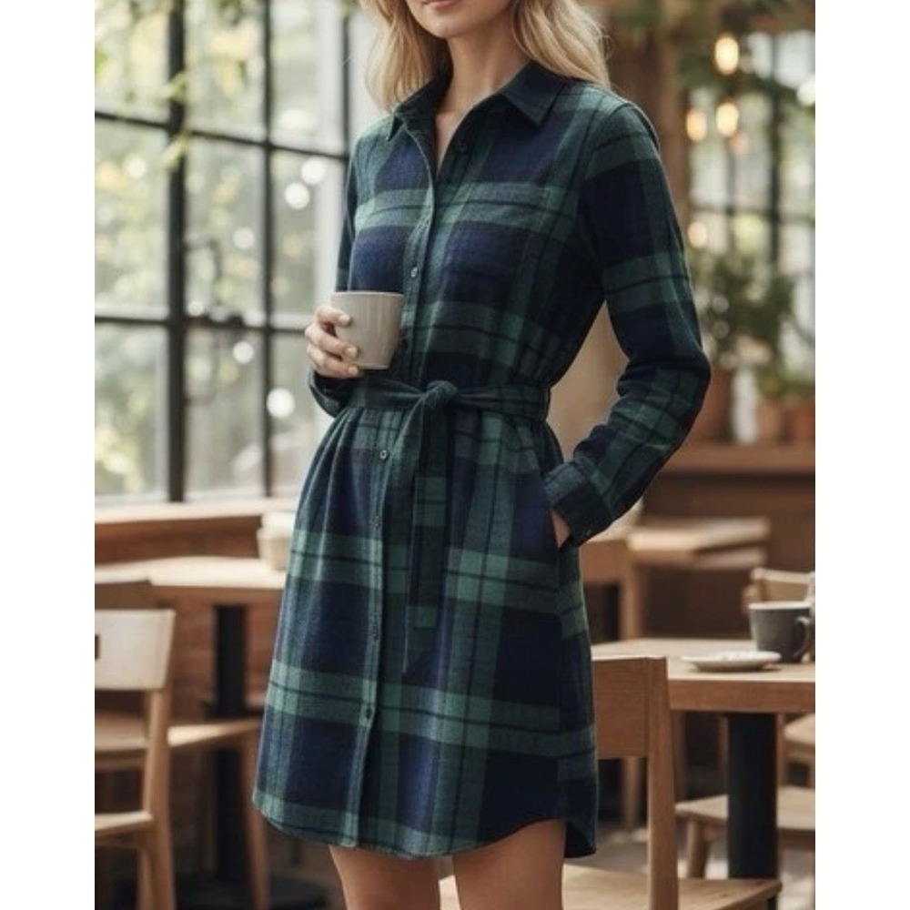 LLBean Relaxed Fit Flannel Tie Dress Navy Green Plaid Tartan Pattern